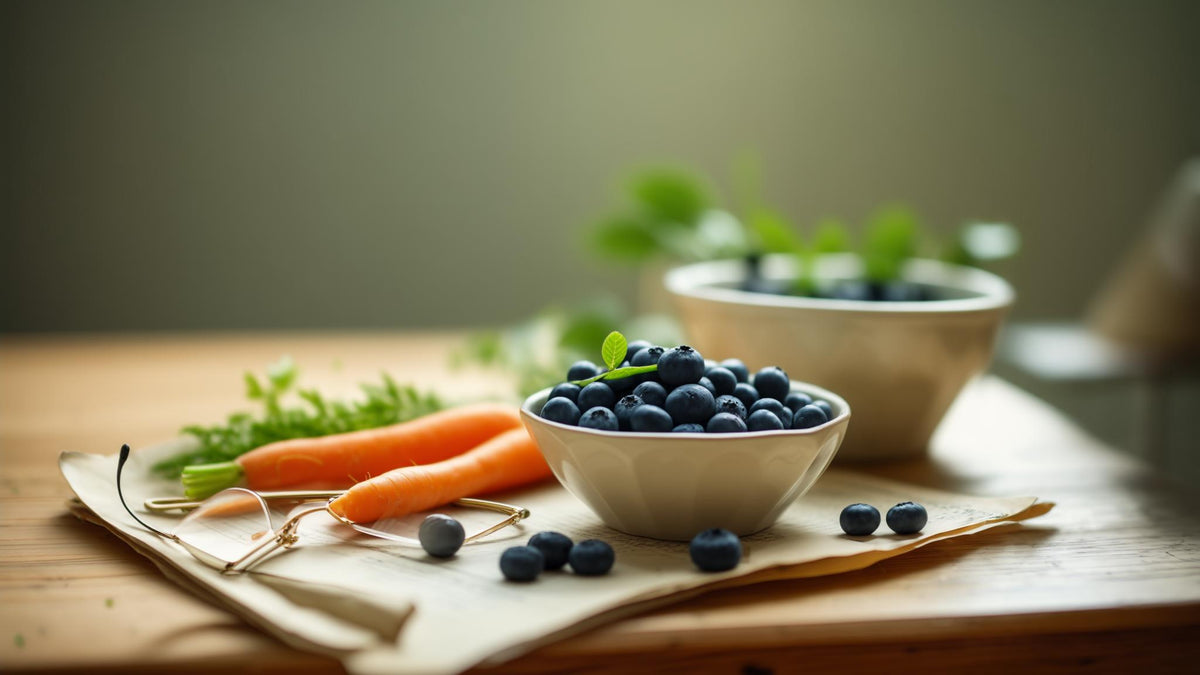 Bilberries, carrots and leafy greens beside reading glasses on a desk