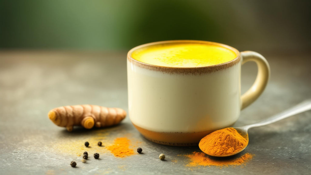 A golden turmeric latte beside fresh turmeric root and black peppercorns