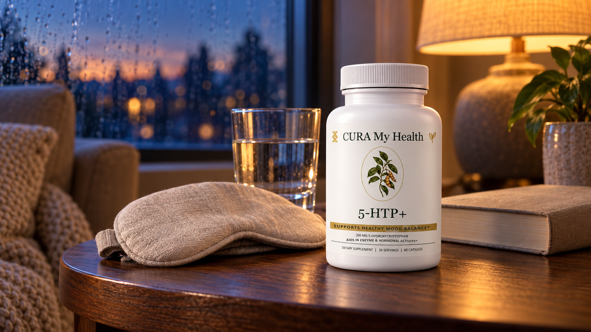 5-HTP+ bottle on a wooden bedside table beside a glass of water, a sleep mask and a book, lamp lit in the evening