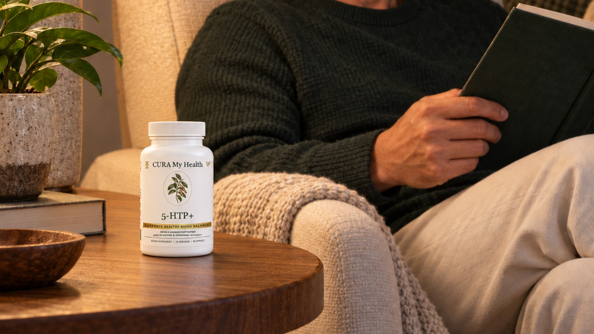 5-HTP+ bottle on a side table beside a person reading in a lamp-lit living room