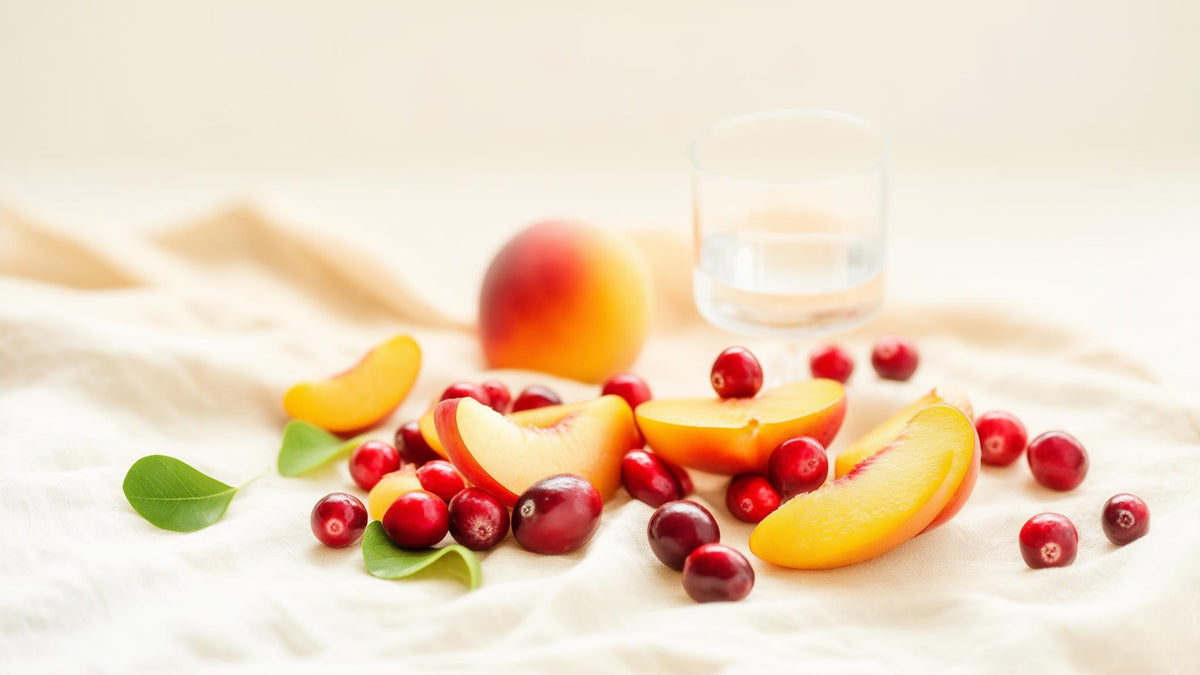 Cranberries and sliced peaches beside a glass of water on linen, foods that contain D-mannose