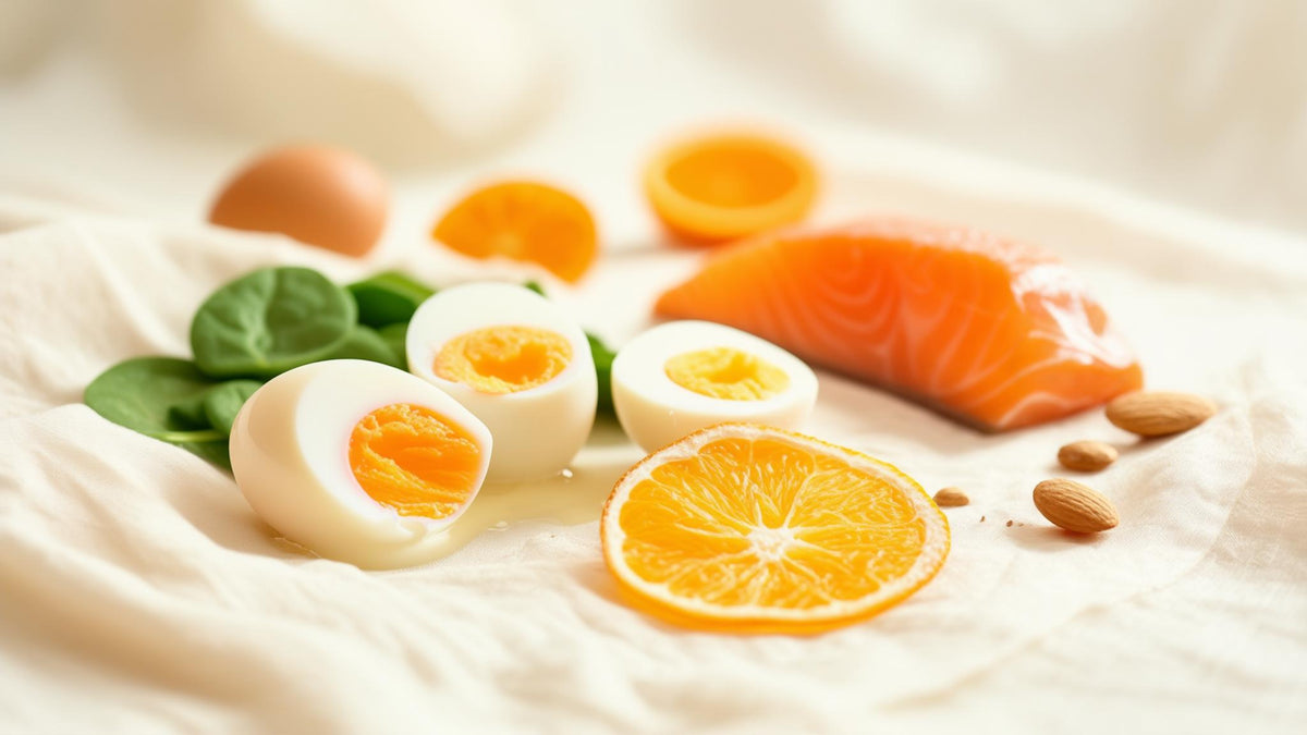 Eggs, spinach, salmon, almonds and orange slices on linen, everyday foundation nutrients