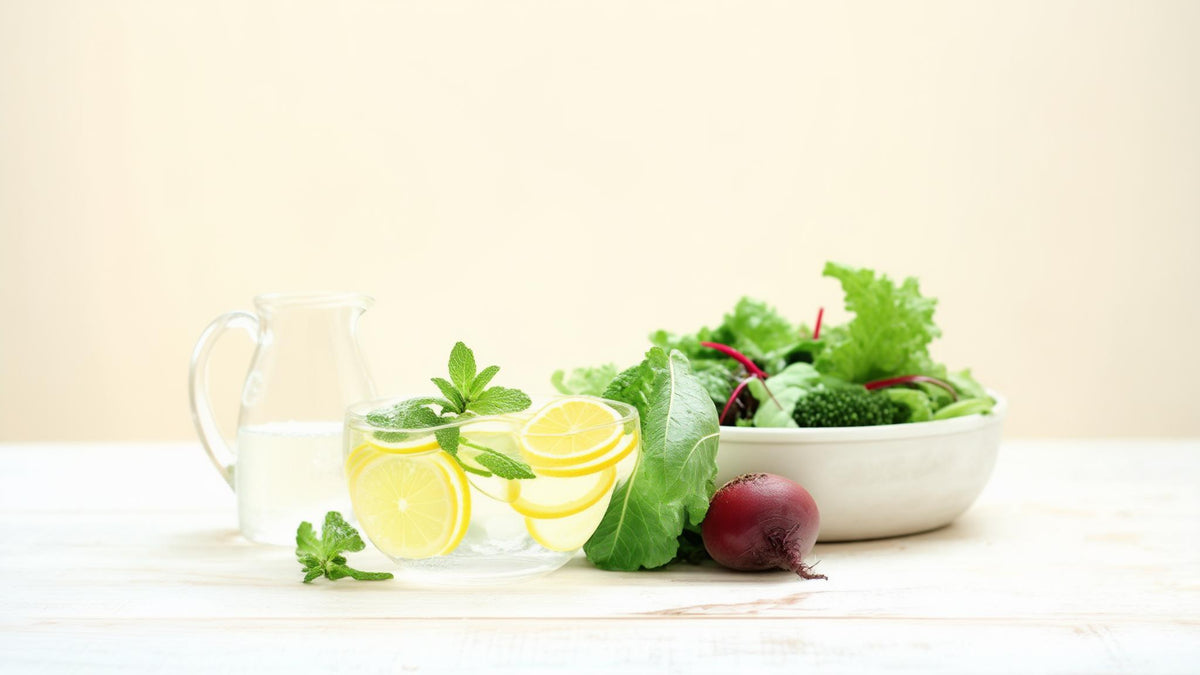 Lemon and mint water, leafy greens and beets on a light table, food-first basics