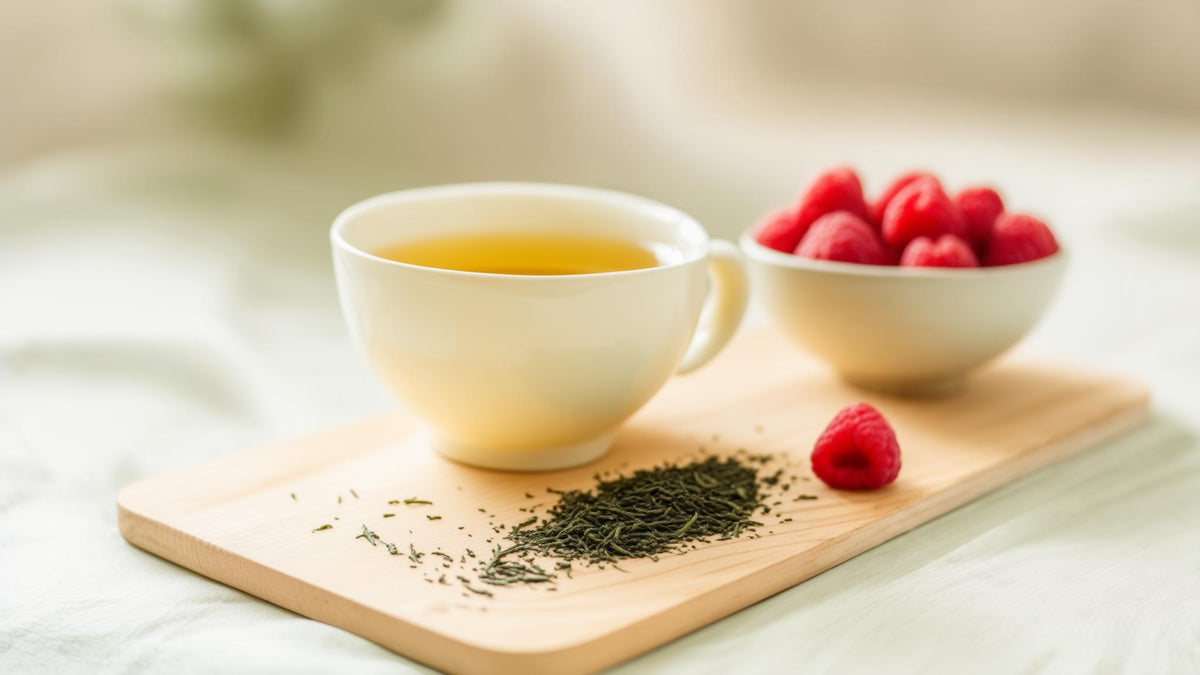 Green tea leaves, a cup of green tea and fresh raspberries on a wooden board