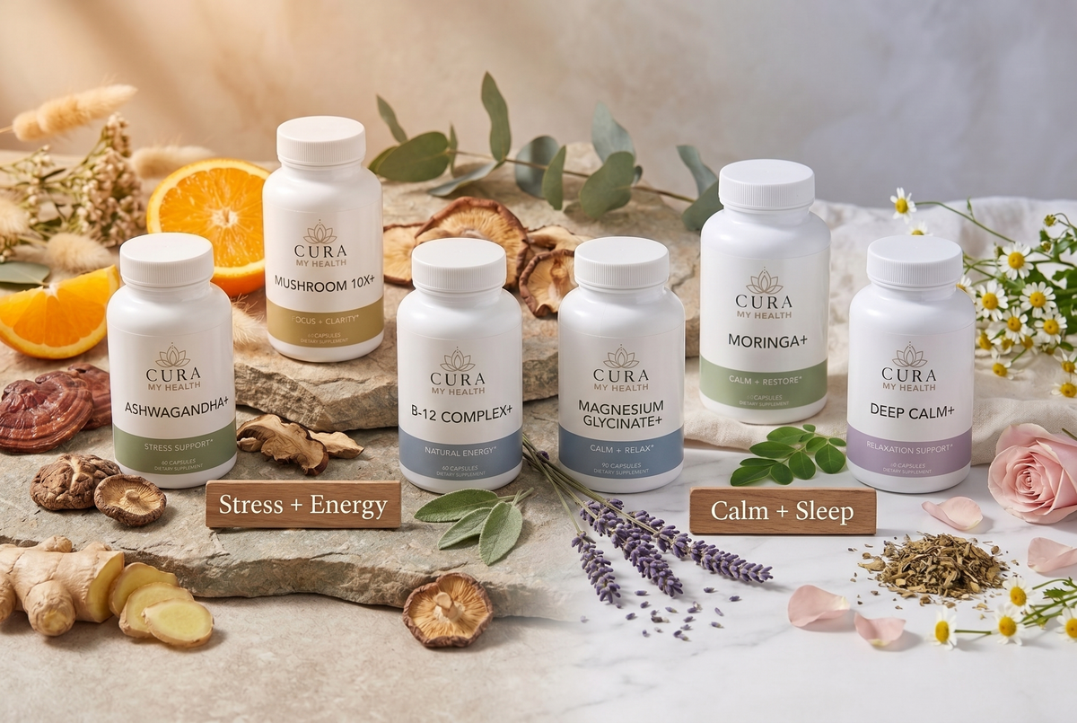 CuraMyHealth supplement lineup grouped into Stress + Energy and Calm + Sleep routines for women 30+