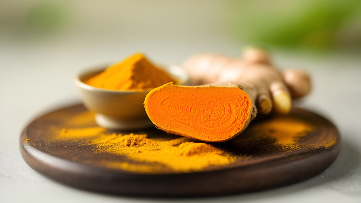 Fresh turmeric root, ground turmeric and ginger on a wooden board