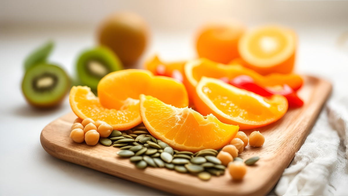 Oranges, kiwi, red pepper, pumpkin seeds and chickpeas on a wooden board, sources of vitamin C and zinc