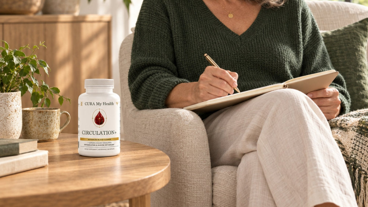 Circulation+ bottle on a coffee table beside a person writing in a notebook
