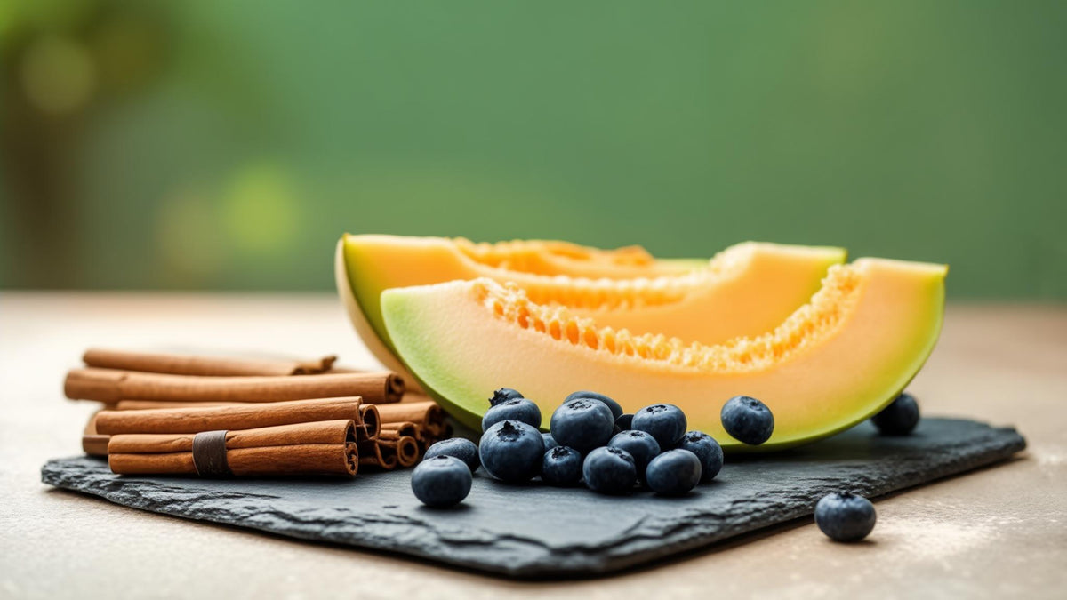 Cinnamon sticks, sliced melon and blueberries on a slate board