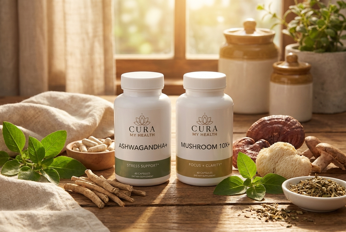 CuraMyHealth Ashwagandha+ and Mushroom 10X+ adaptogen supplements with ashwagandha root and functional mushrooms