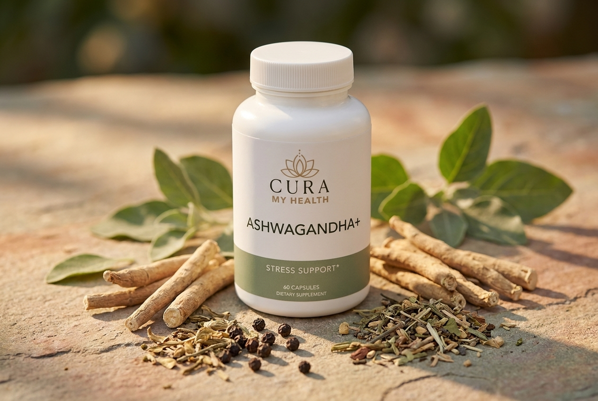 Ashwagandha+ stress-support supplement by CuraMyHealth with ashwagandha root, sage leaves, and black pepper