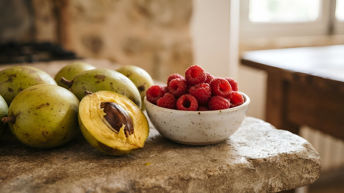 Wild African mangoes, one cut open, beside a bowl of fresh raspberries on stone