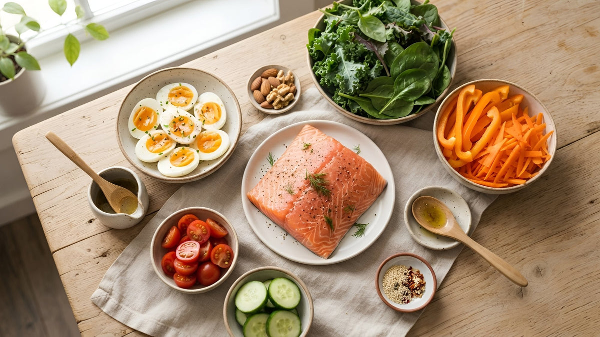 Salmon, boiled eggs, kale, spinach, carrots and orange pepper on a wood table