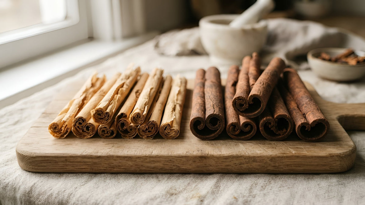 Thin pale Ceylon cinnamon quills beside thick dark cassia sticks on a light board