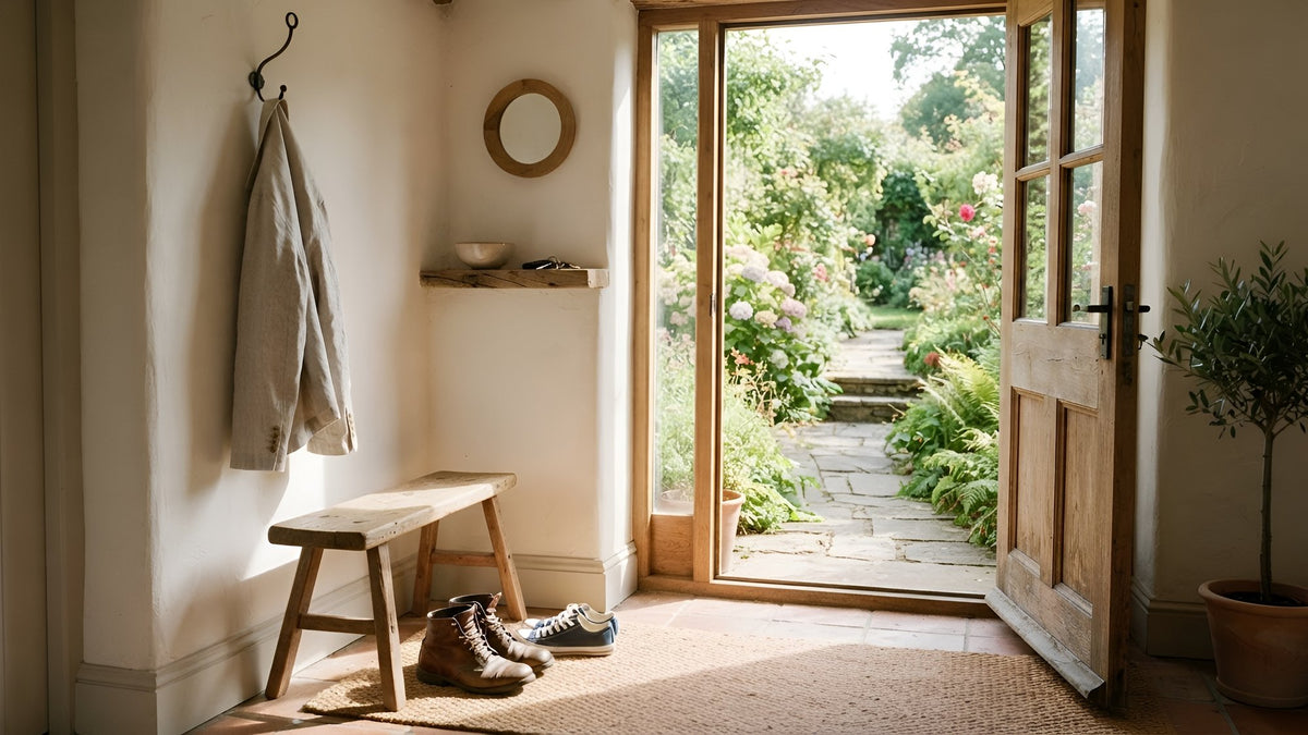 Sunlit entryway with walking shoes and a jacket by an open door to a garden path
