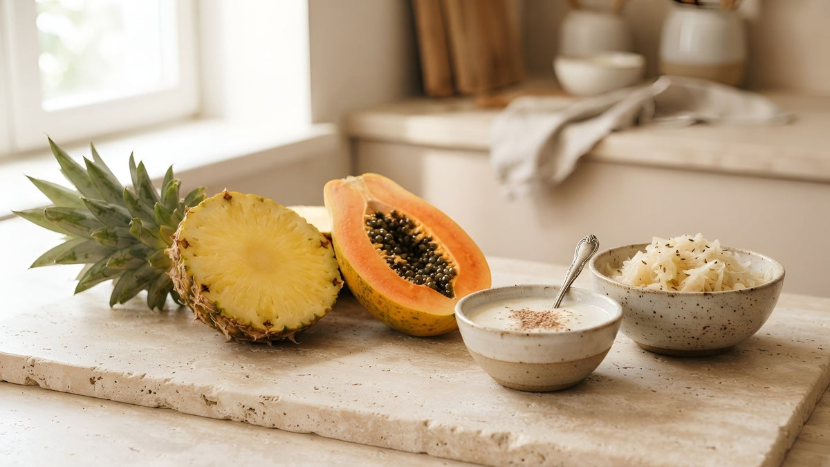 Sliced pineapple and papaya beside bowls of kefir and sauerkraut on a stone counter