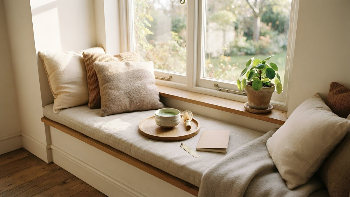 Calm window seat with cushions, green tea, a potted plant and a closed notebook