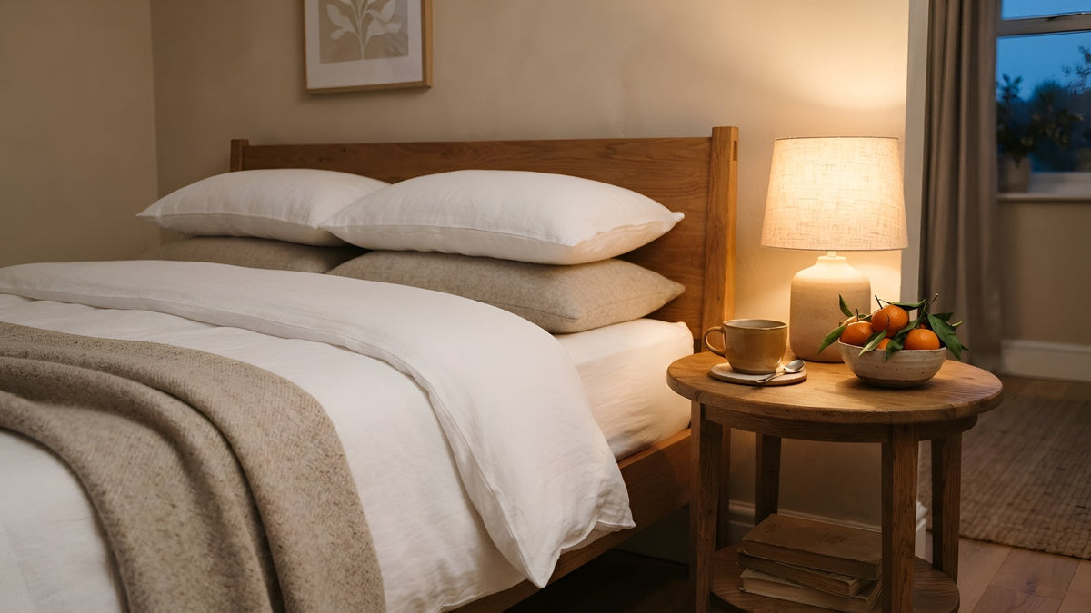 Made bed with linen bedding, a glowing bedside lamp, chamomile tea and a bowl of clementines