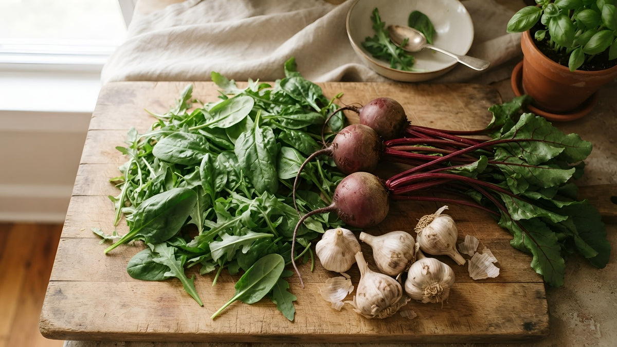 Beets, spinach, arugula and garlic arranged on a wooden cutting board