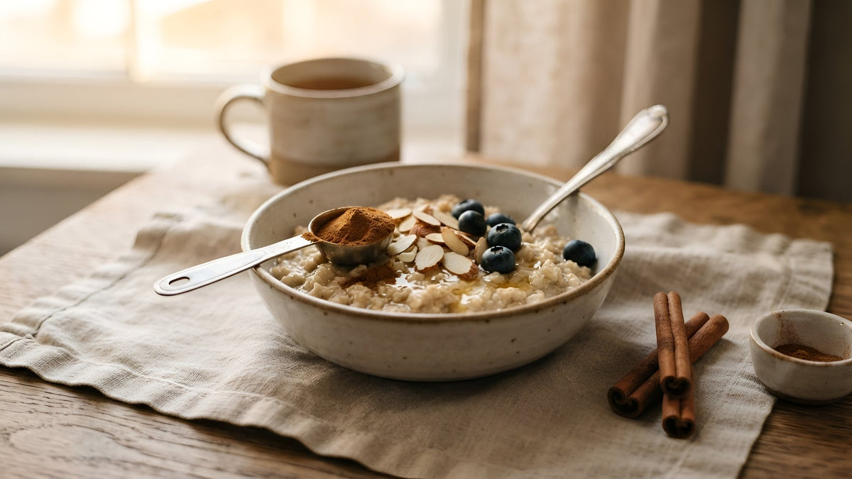 Measuring spoon of ground cinnamon on a bowl of oatmeal with cinnamon sticks nearby