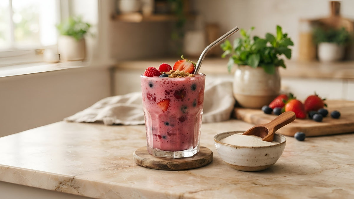 Berry smoothie with a bowl of white powder, a scoop and strawberries on a kitchen counter