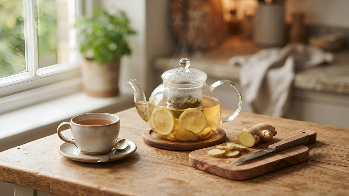 Glass teapot of ginger tea with lemon slices beside sliced fresh ginger root