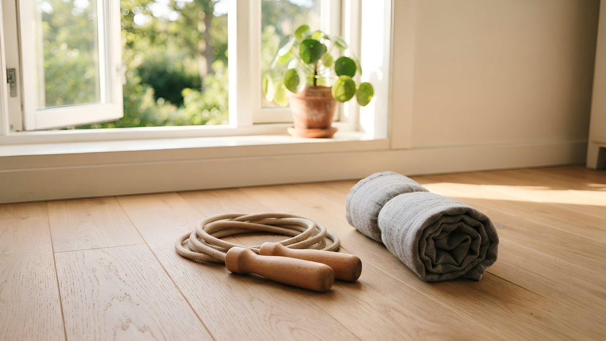 Coiled jump rope and a rolled towel on a wooden floor by a sunny open window