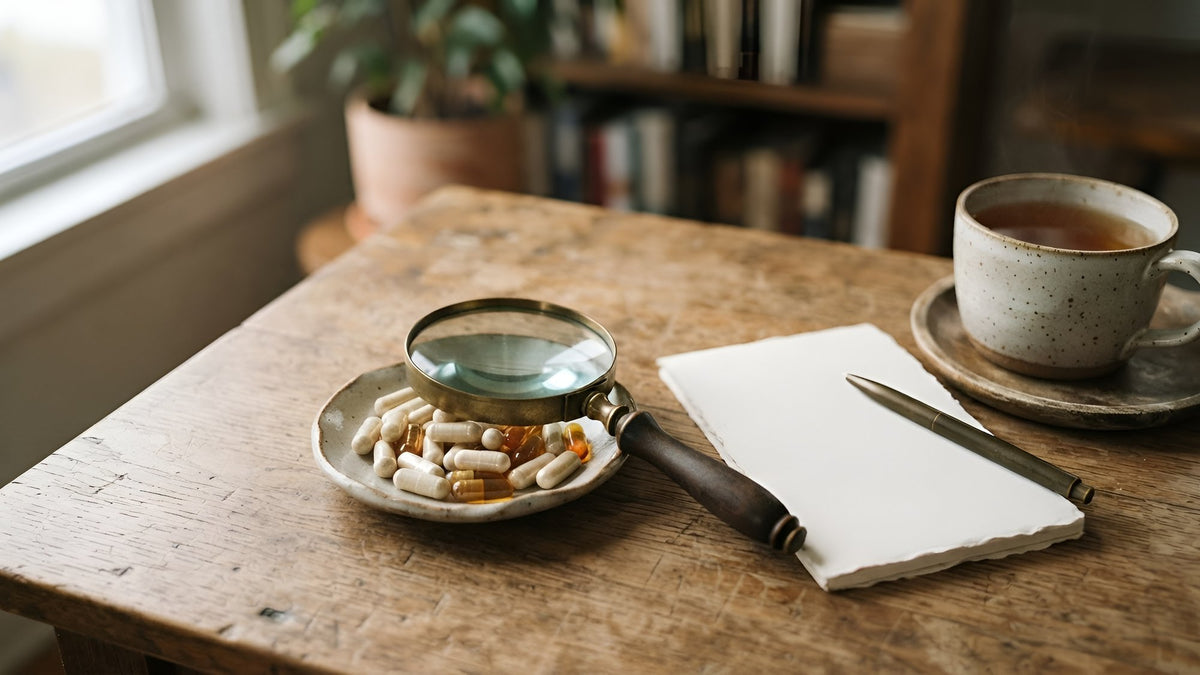 Magnifying glass over a dish of capsules beside a blank notepad and tea on an oak desk