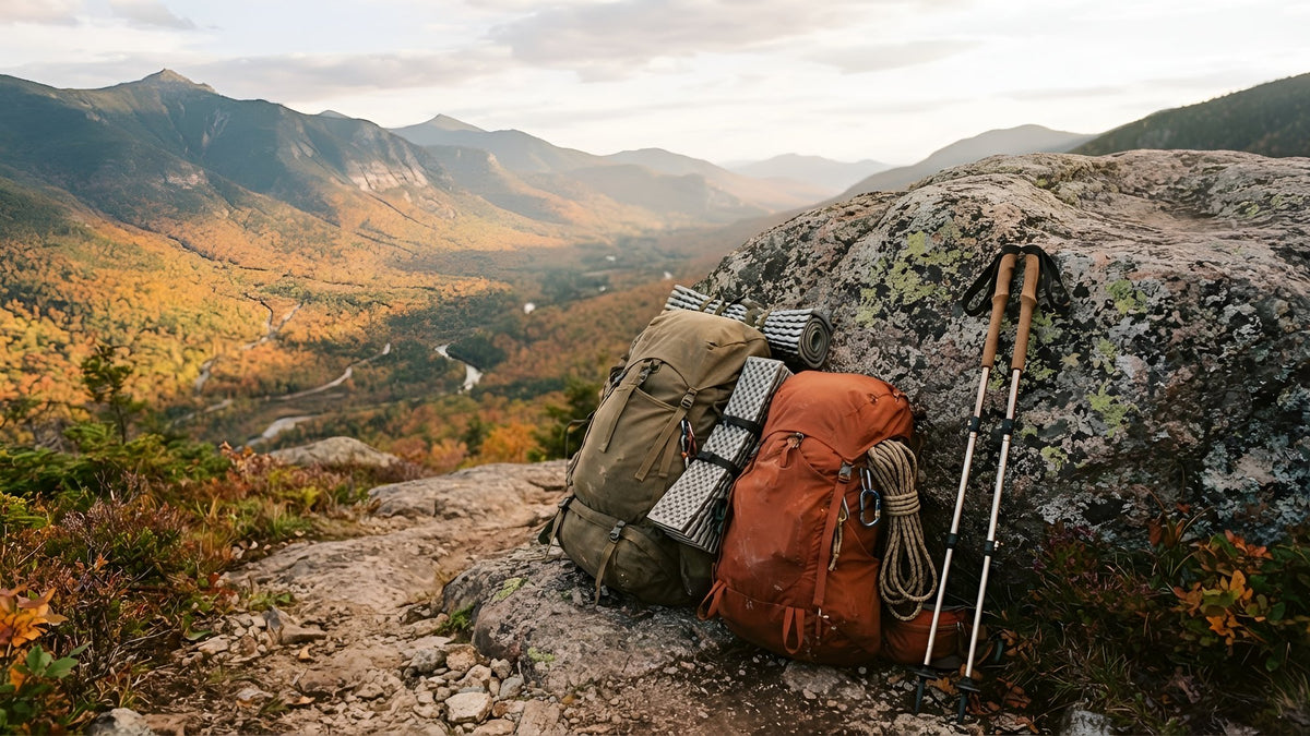 Two hiking backpacks and trekking poles against a boulder at a mountain overlook