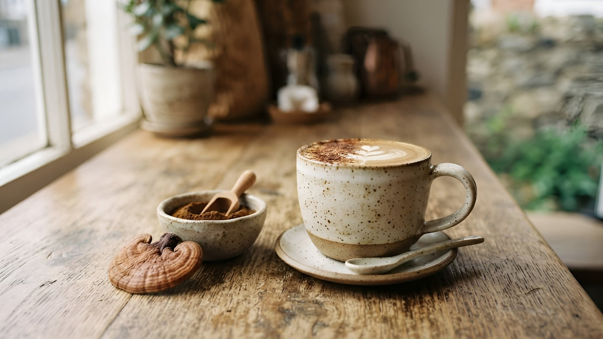 Mug of mushroom latte beside a bowl of brown mushroom powder and a dried reishi slice