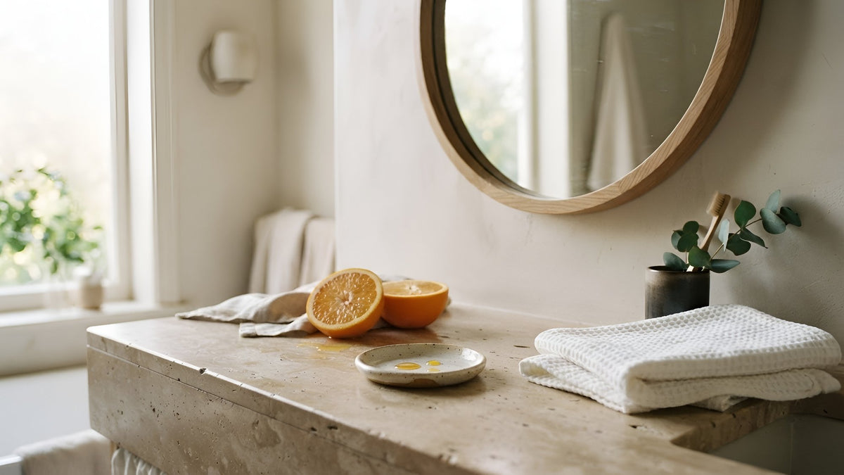 Vanity with halved oranges, a dish of golden serum drops and a white towel in morning light