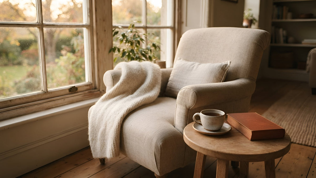 Empty armchair with a wool throw by a window, a book and tea on a side table