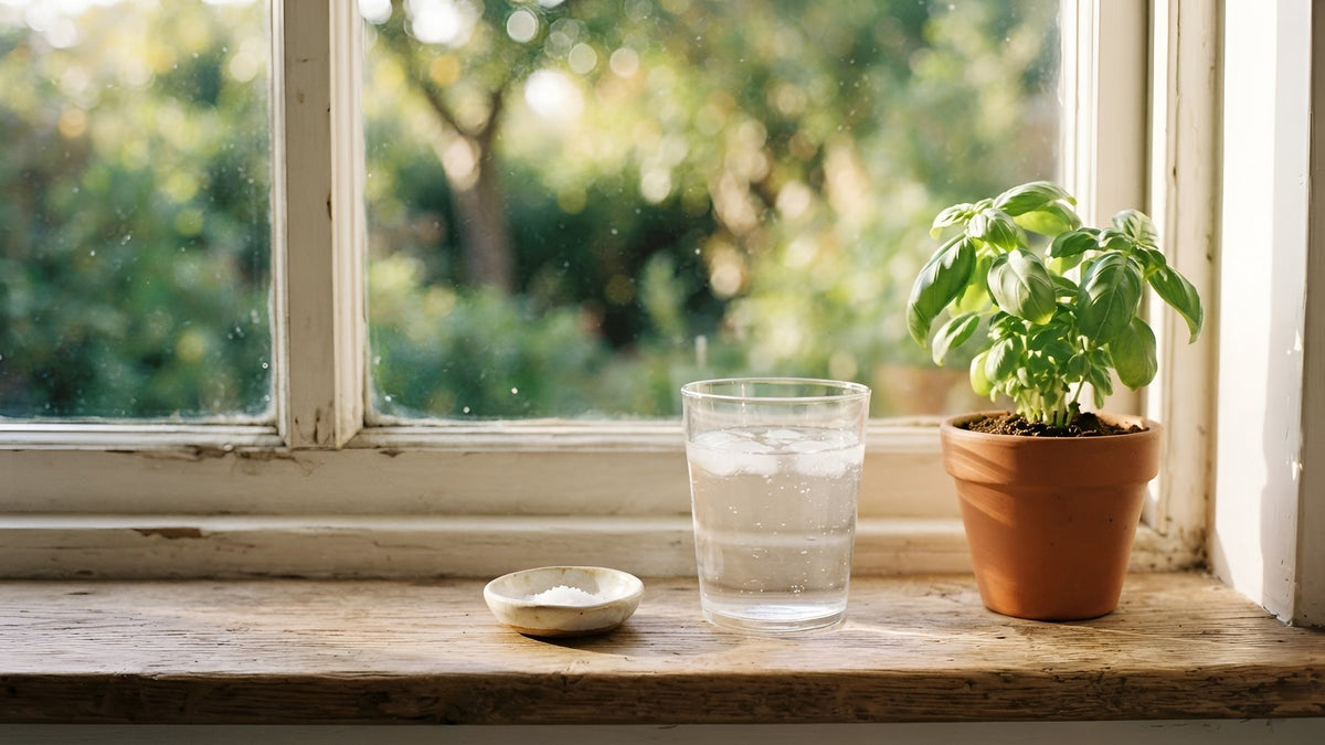 Glass of water, a potted herb and a small dish of white powder on a sunny windowsill