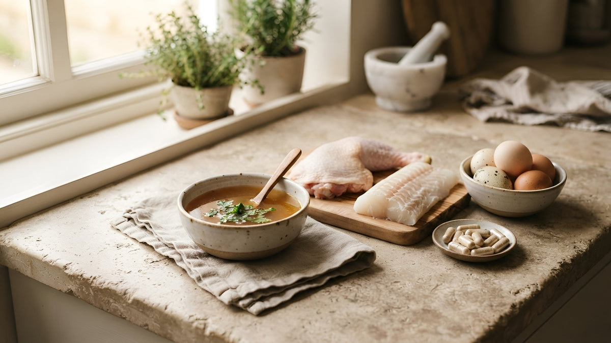 Bone broth, eggs, fish and chicken on a stone counter beside a dish of capsules