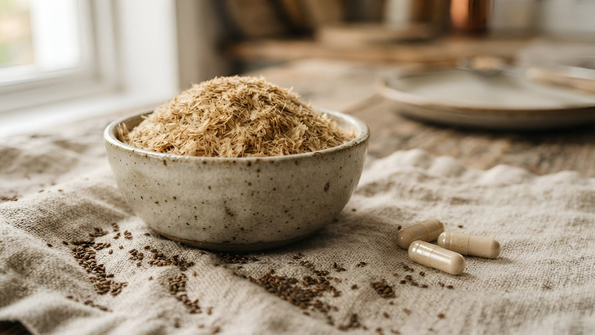 Stoneware bowl of psyllium husk with scattered seeds and a few loose capsules on linen