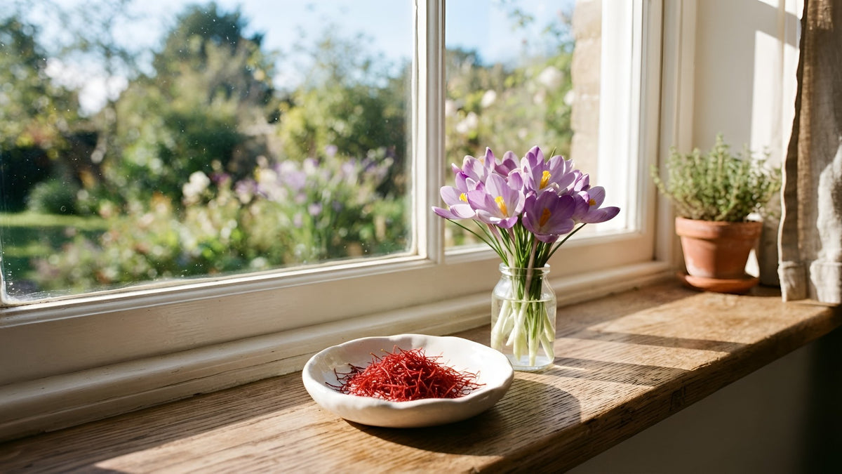 Dish of red saffron threads beside purple crocus flowers on a sunny windowsill