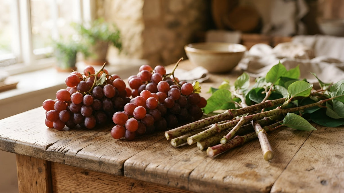 Red grape clusters and knotweed stems on a rustic wooden table