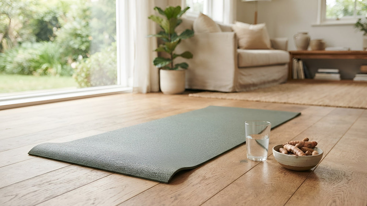 Yoga mat on a wooden floor with a glass of water and a bowl of turmeric root