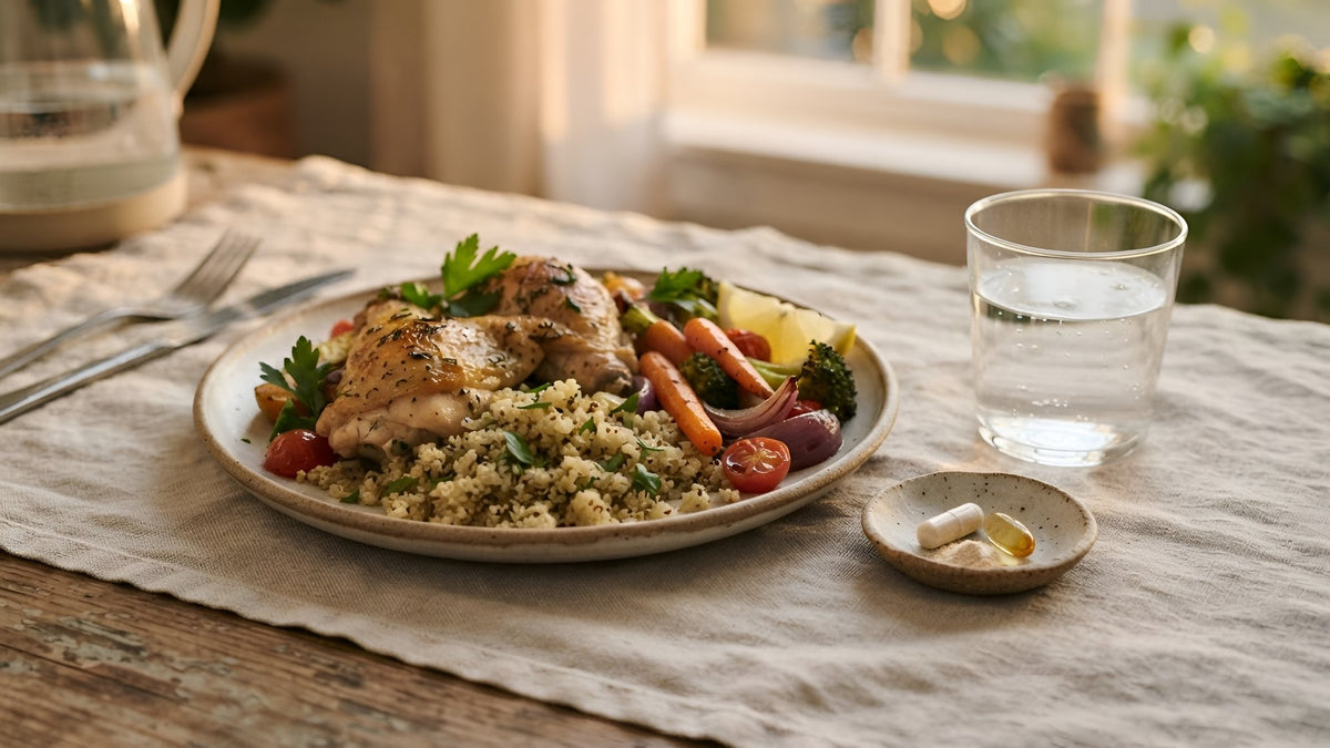 Dinner plate of roast chicken, quinoa and vegetables with a glass of water and a small dish of supplements beside it