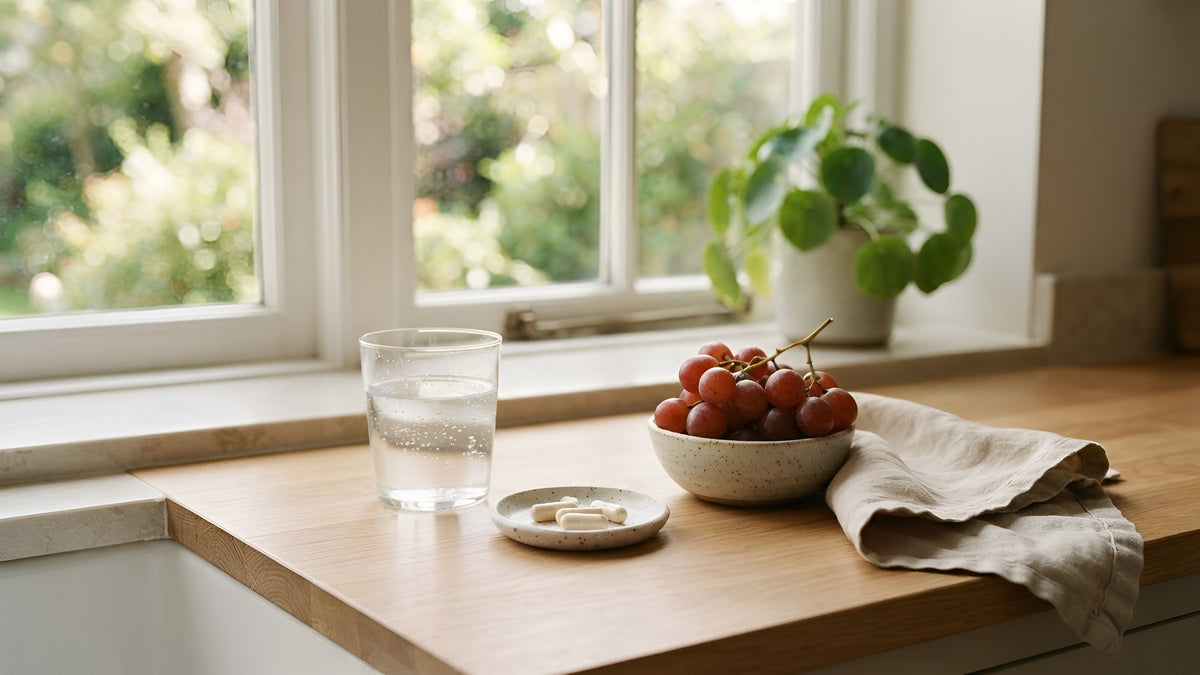 Glass of water, a small dish of cream capsules and a bowl of red grapes on a wooden kitchen counter by a window