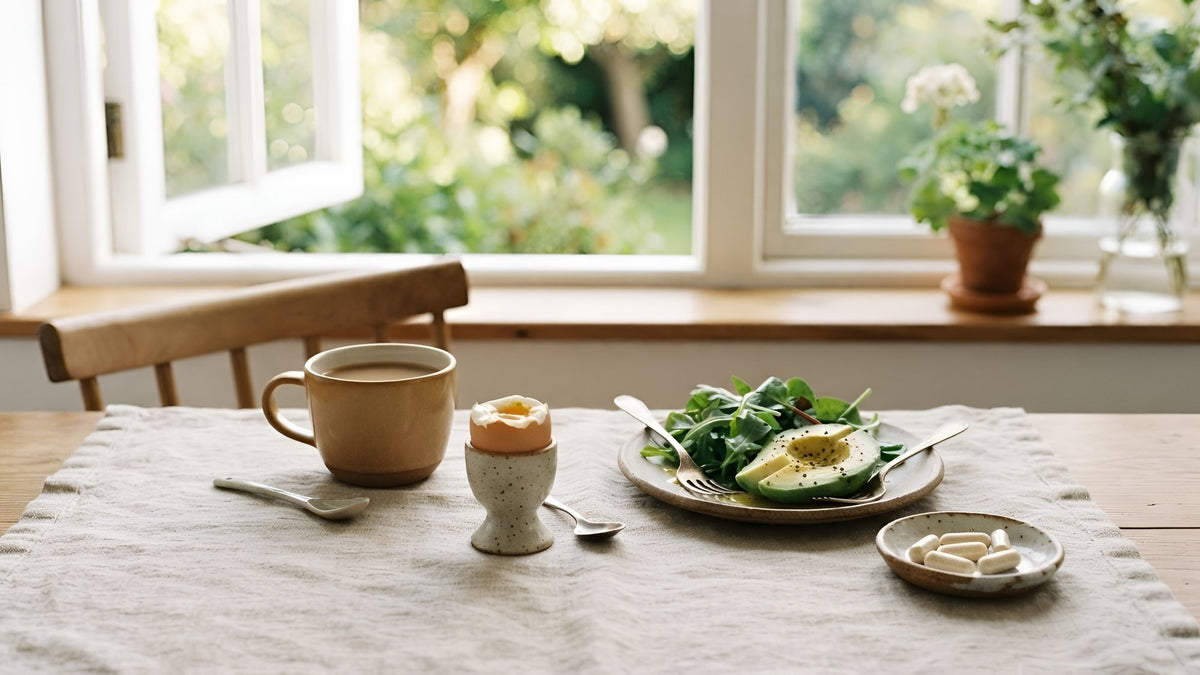Sunny breakfast table with coffee, a soft-boiled egg, greens and avocado, and a small dish of cream capsules