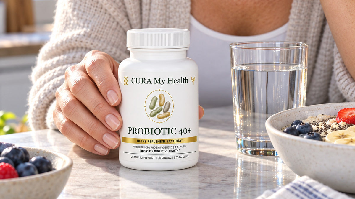 A hand holding a Probiotic 40+ bottle on a kitchen counter beside a glass of water, berries and a breakfast bowl