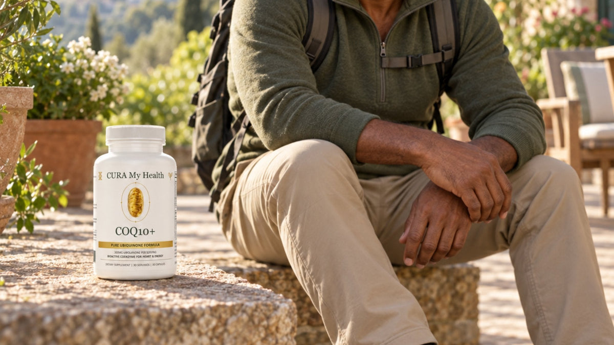 CoQ10+ bottle on a stone step beside a hiker resting with a backpack