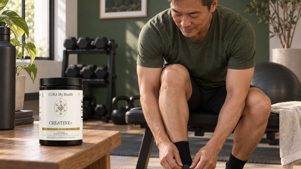 Creatine+ tub on a bench in a home gym while a person ties their shoes
