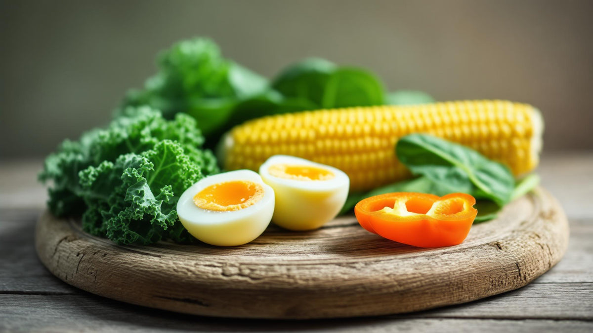 Kale, egg yolks, corn and orange pepper on a wooden board, foods rich in lutein and zeaxanthin