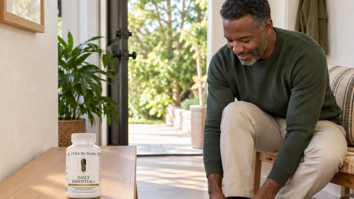 Man tying his shoes in a sunny entryway beside a bottle of Daily Essential+ on a wooden bench