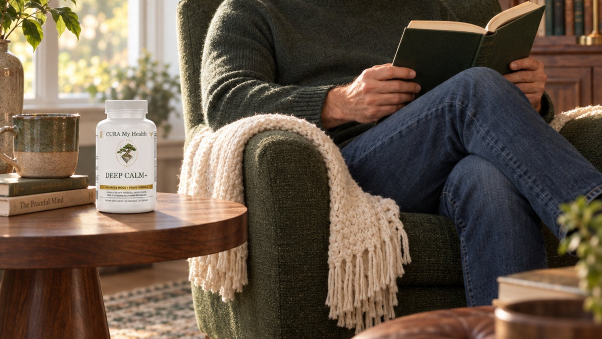 Deep Calm+ bottle on a side table beside a person reading in a green armchair