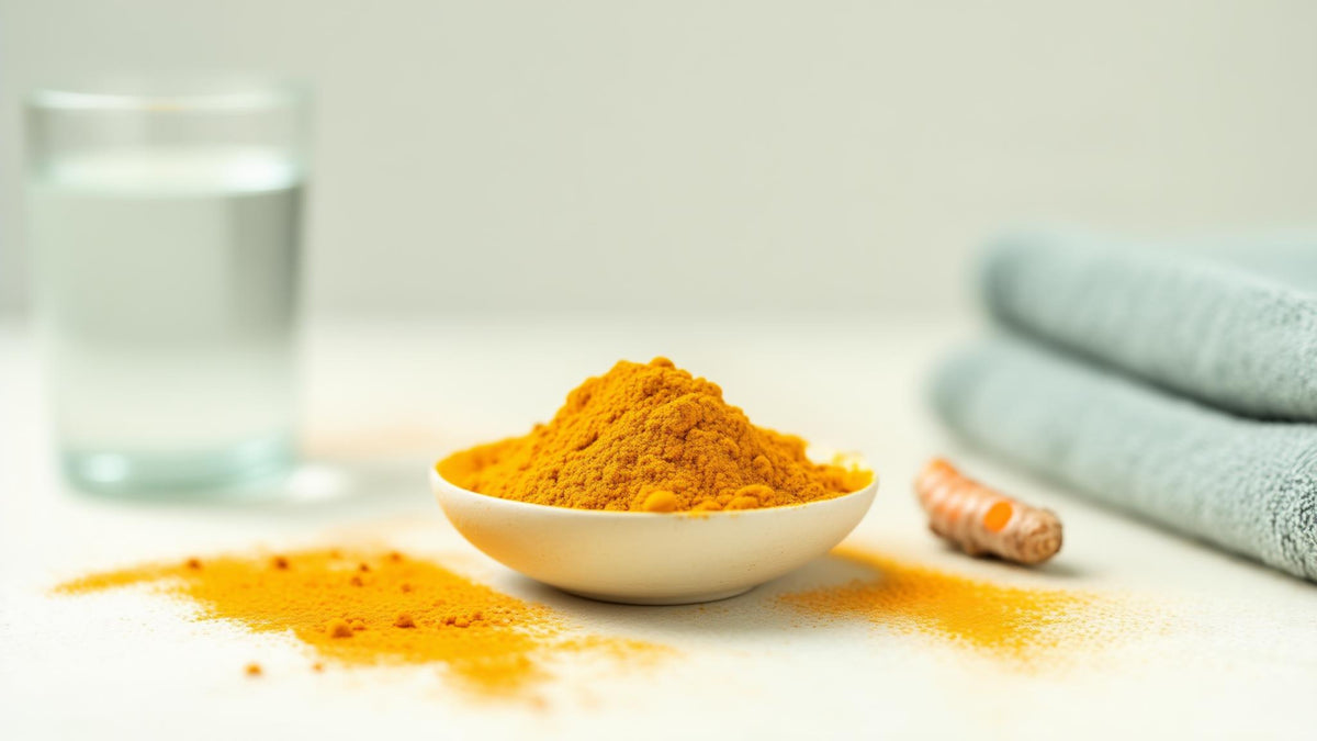 Turmeric powder and turmeric root beside a glass of water and a folded towel