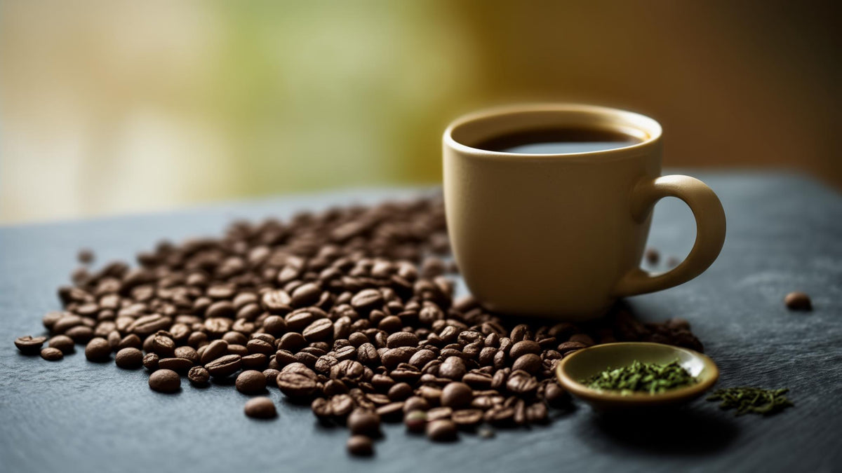 Coffee beans, a cup of black coffee and green tea leaves on slate, sources of caffeine