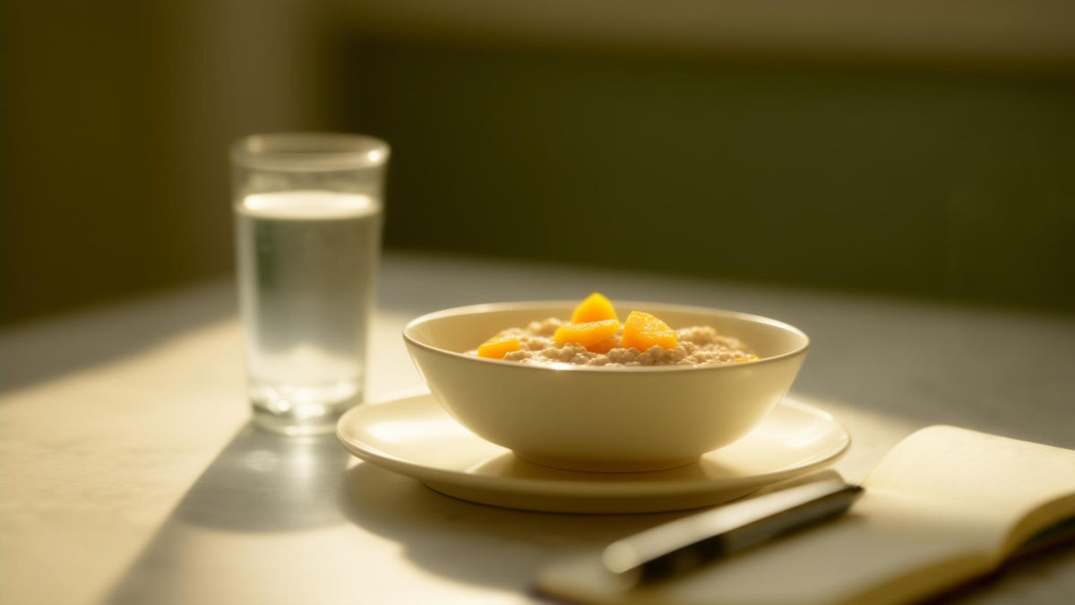 A glass of water, oatmeal with fruit and a notebook on a bright morning counter, a simple daily routine